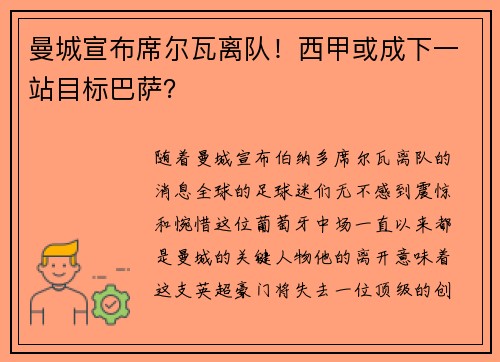 曼城宣布席尔瓦离队！西甲或成下一站目标巴萨？