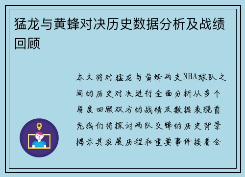 猛龙与黄蜂对决历史数据分析及战绩回顾